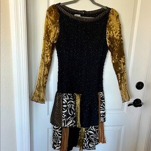 Rare Vintage Jeanne Marc 1980s whimsical art to wear black gold cocktail dress